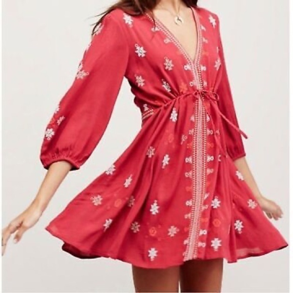 Free people red stargazer embroidered boho v neck mini dress womens size XS
